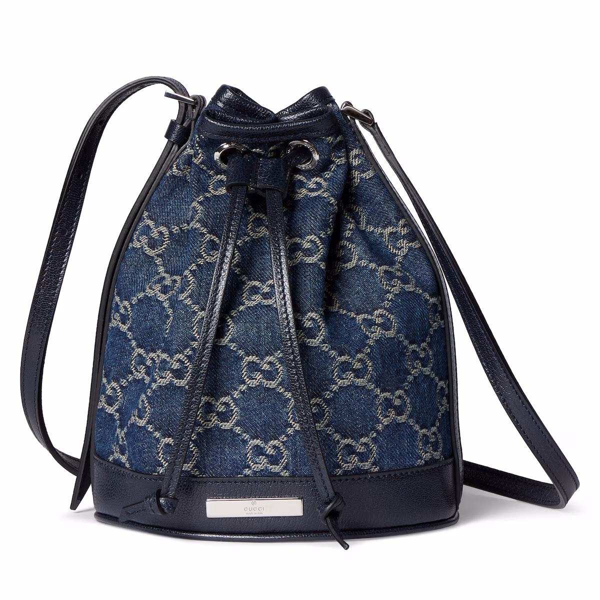 Mini sac seau avec plaque Gucci — denim GG bleu foncé
