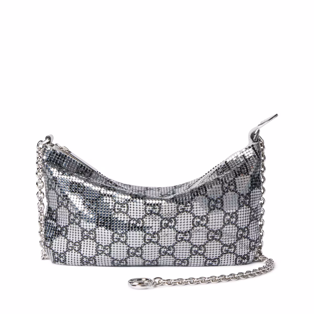 Sac de soirée métallique avec charm — maille argent et noir à motif GG