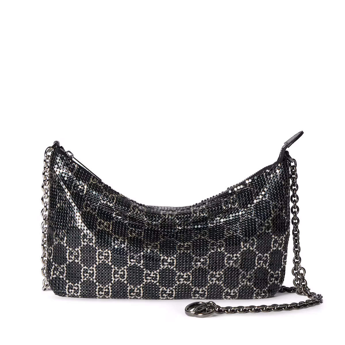 Sac de soirée métallique avec charm — résille noir et argenté à motif GG