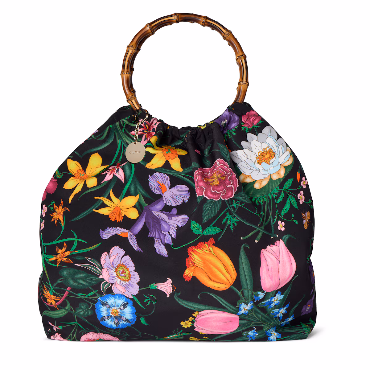 Cabas petit format à motif Flora avec breloque — soie noir et multicolore