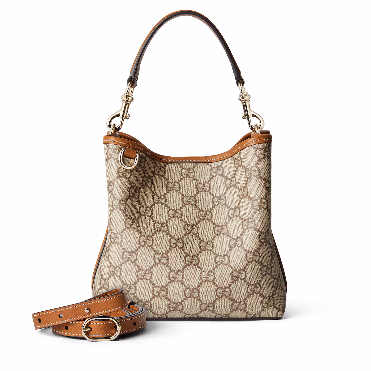 Sac seau GG Emblem petit format — tissu beige et marron foncé