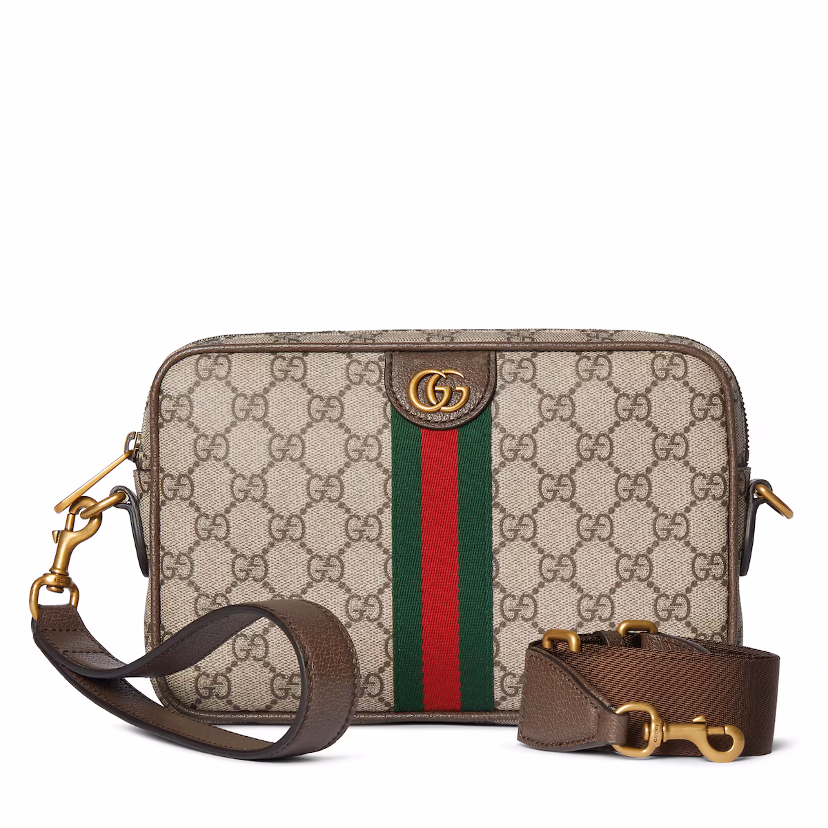 Sac à bandoulière Ophidia petite taille — tissu beige et marron foncé