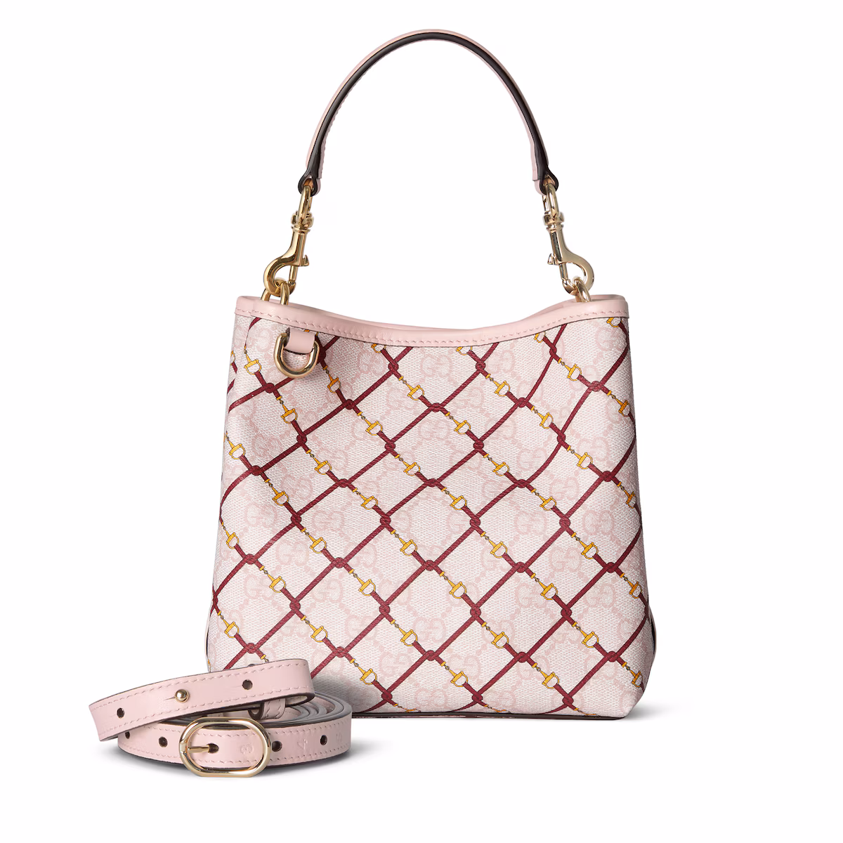 Sac seau GG Emblem petit format — tissu GG rose et rouge
