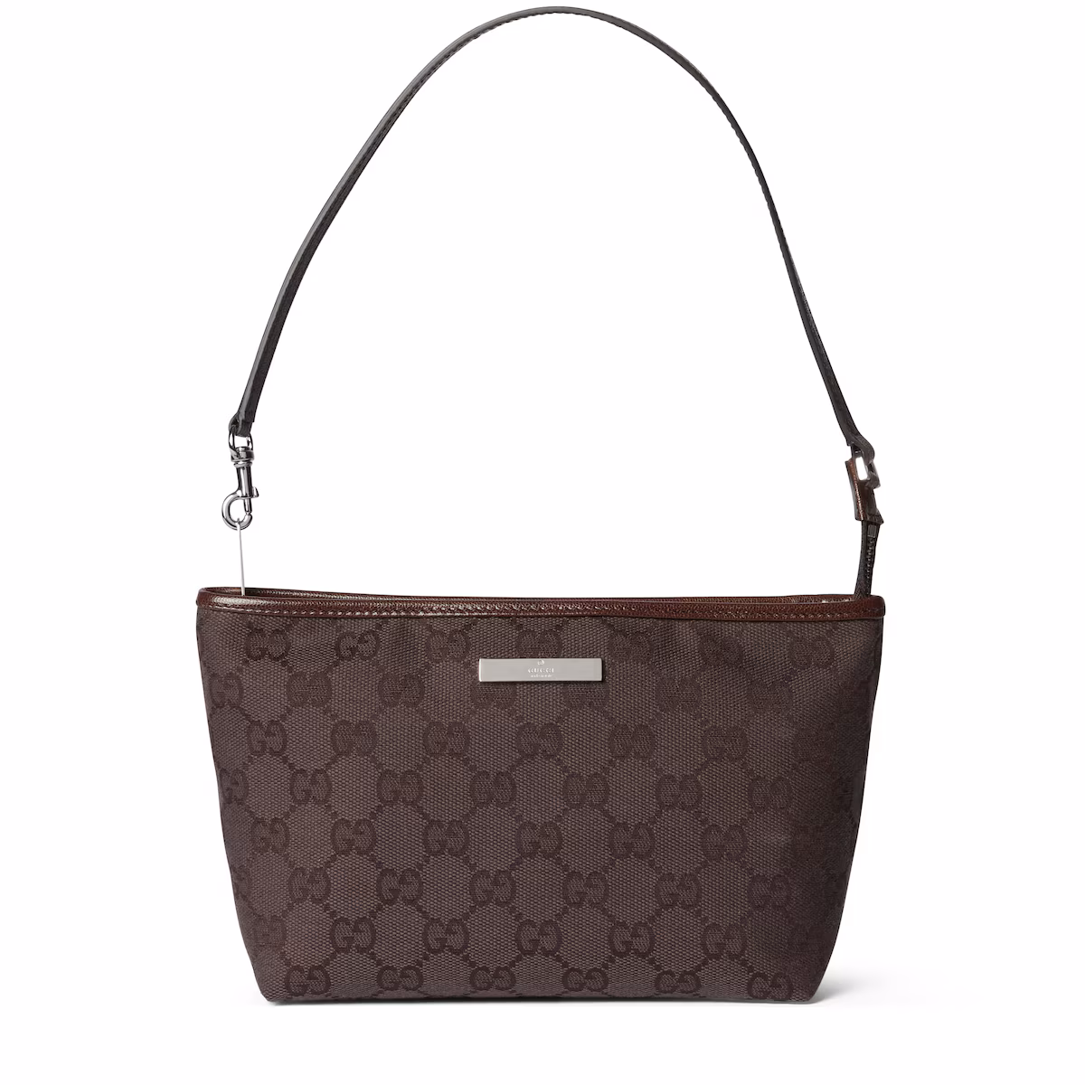 Pochette petit format avec dragonne et plaque Gucci — toile GG marron foncé