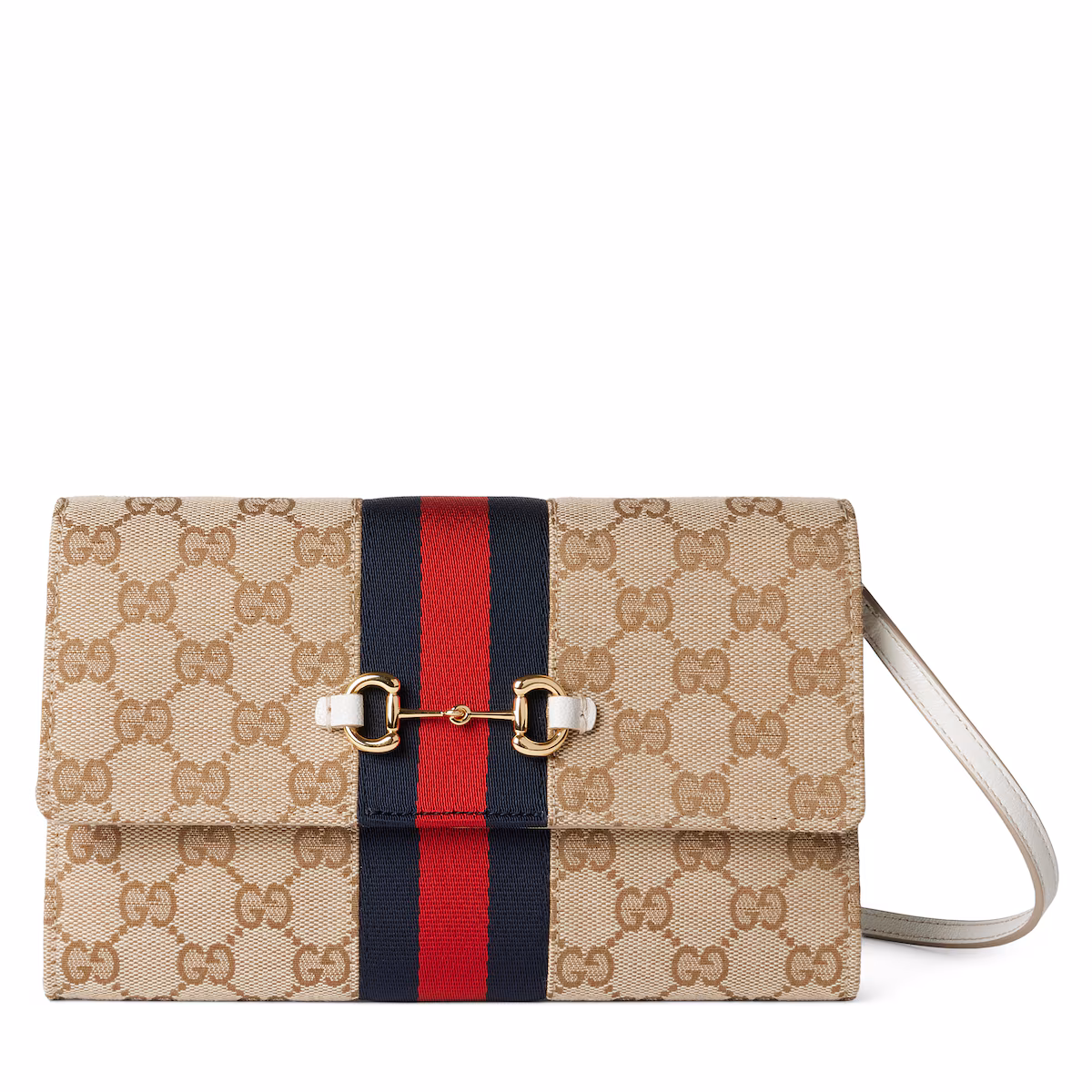 Portefeuille Gucci Horsebit Web avec bandoulière — toile GG sable et marron
