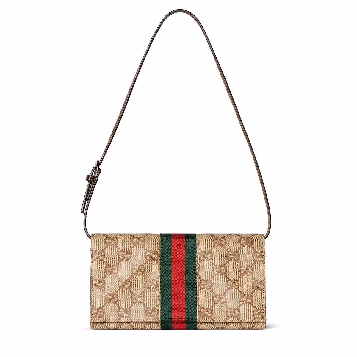 Pochette petit format avec dragonne et Web — toile GG sable et marron